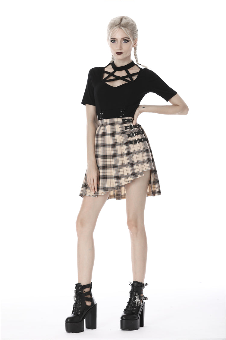 Dark in Love Asymmetrical Plaid Pleated Short Skirt
