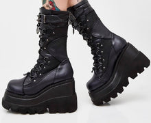 Load image into Gallery viewer, Demonia Shaker-70 Wedge Platform Boots in Black Vegan Leather
