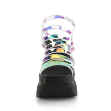 Load image into Gallery viewer, Demonia Pace-33 Wedge Sandals in &quot;Magic Mirror&quot; Holo Material
