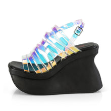 Load image into Gallery viewer, Demonia Pace-33 Wedge Sandals in &quot;Magic Mirror&quot; Holo Material
