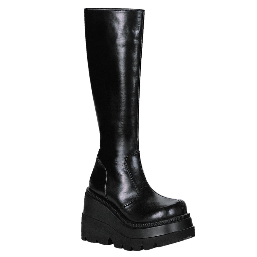 Demonia Shaker-100 Knee-High Platform Boots in Black Vegan Leather