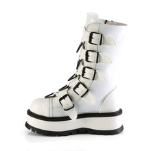 Load image into Gallery viewer, Demonia Slacker-160 Platform Boots in White Stretch Patent Vegan Leather
