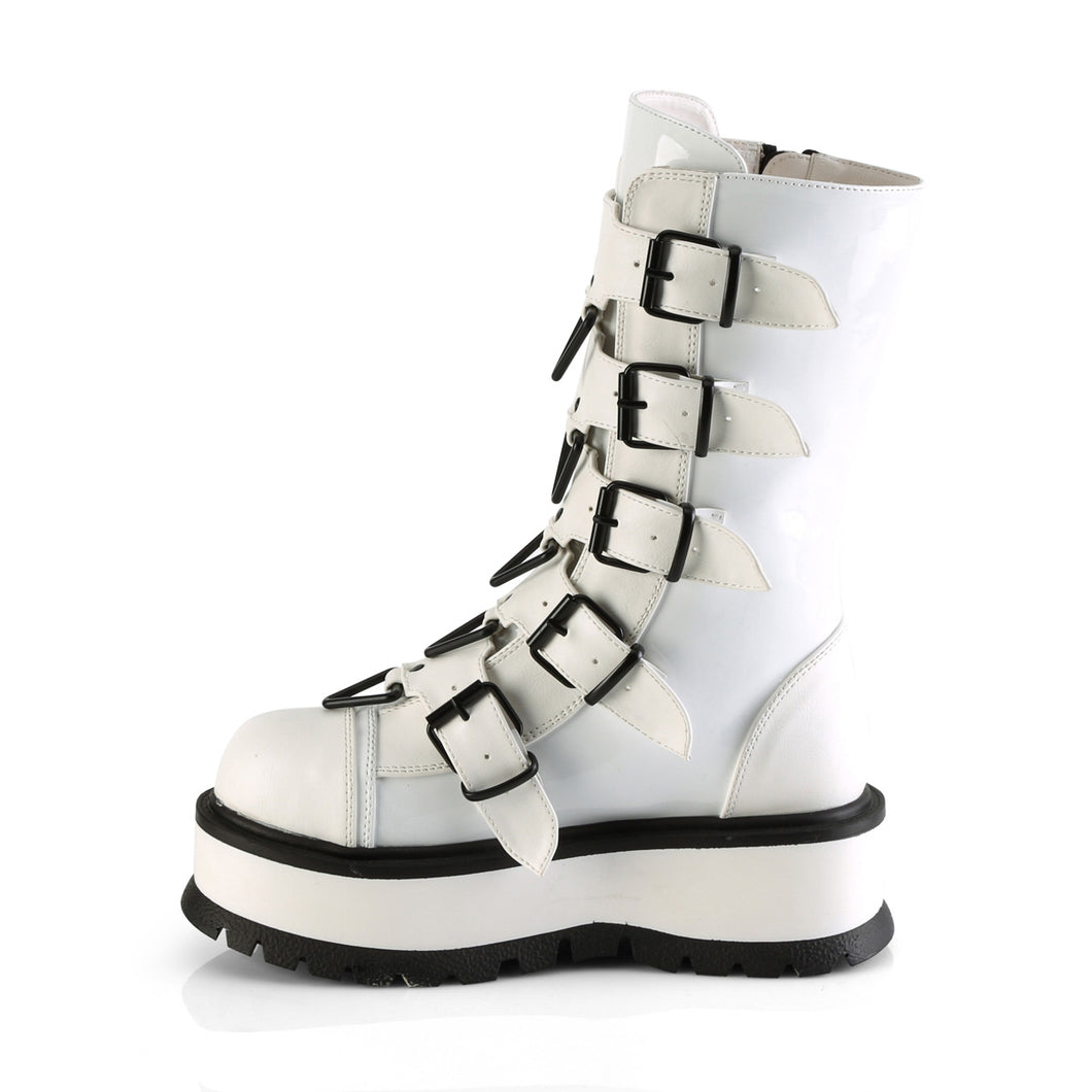Demonia Slacker-160 Platform Boots in White Stretch Patent Vegan Leather