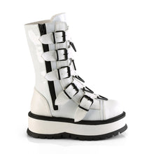 Load image into Gallery viewer, Demonia Slacker-160 Platform Boots in White Stretch Patent Vegan Leather
