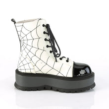 Load image into Gallery viewer, Demonia Slacker-88 Platform Combat Boots in UV Reactive White Vegan Leather and Black Patent
