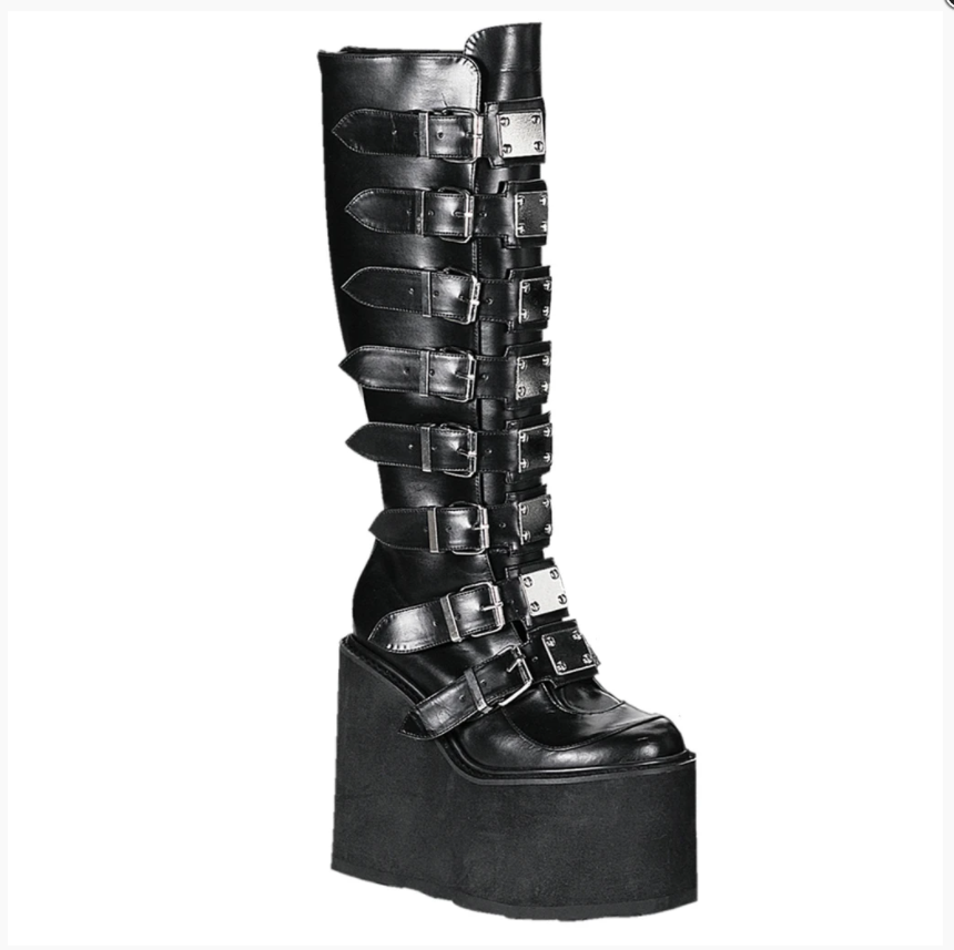 Demonia Swing-815 Platform Wedge Boots in Black Vegan Leather