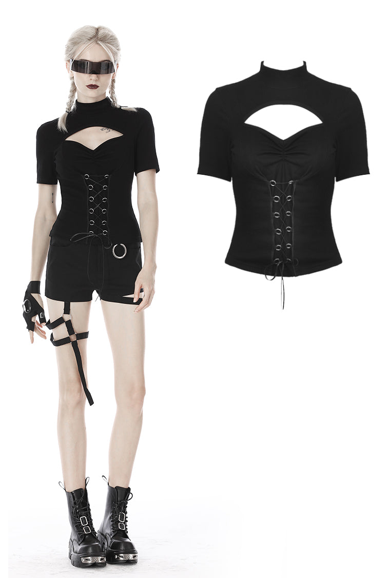 Dark in Love Punk Hollow Chest Lace Up Short Sleeve Top