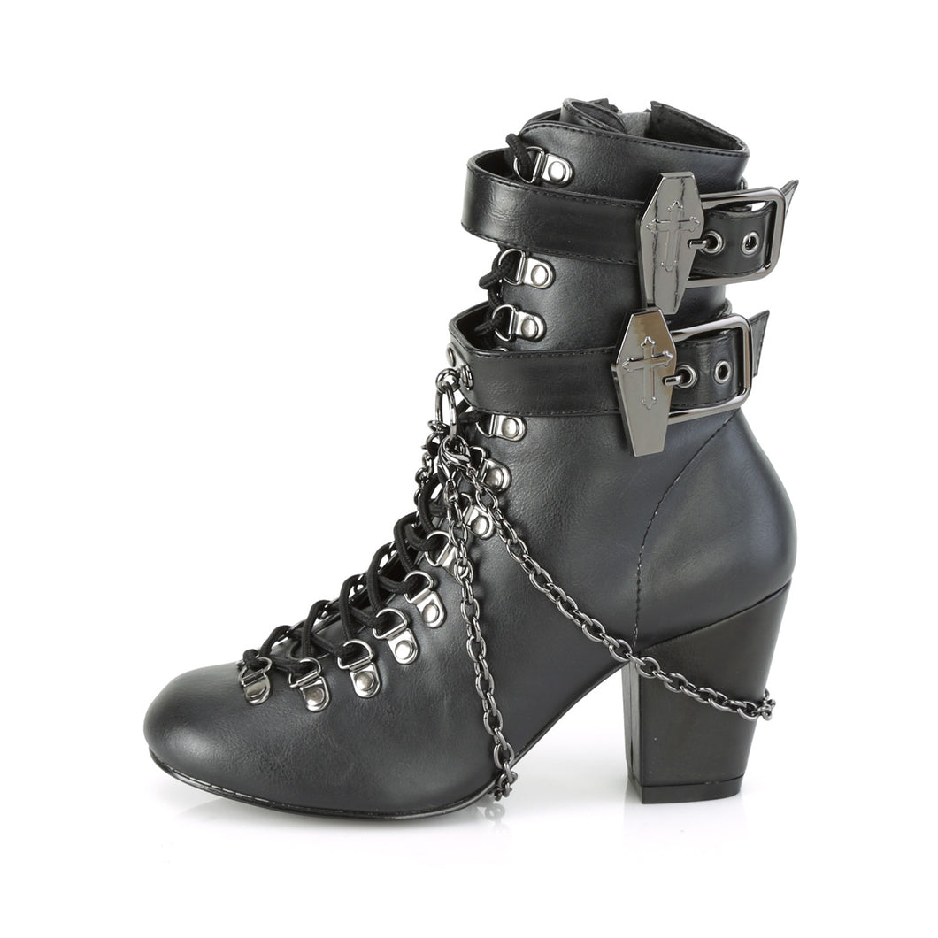 Demonia Vivika-128 High-Heeled Chain Boot in Black Vegan Leather