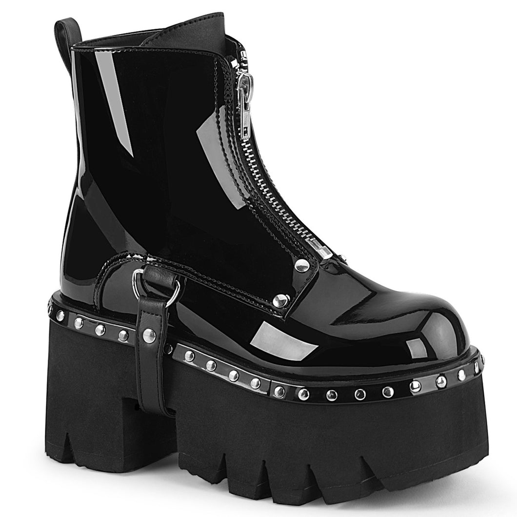 Demonia Ashes-100 Black Patent Platform Ankle Boots