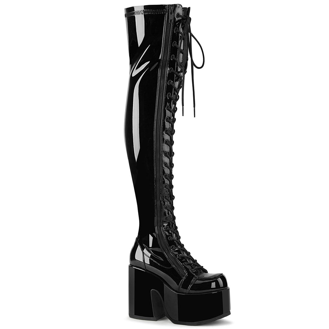 Demonia Camel-300 Black Patent Platform Knee Boots