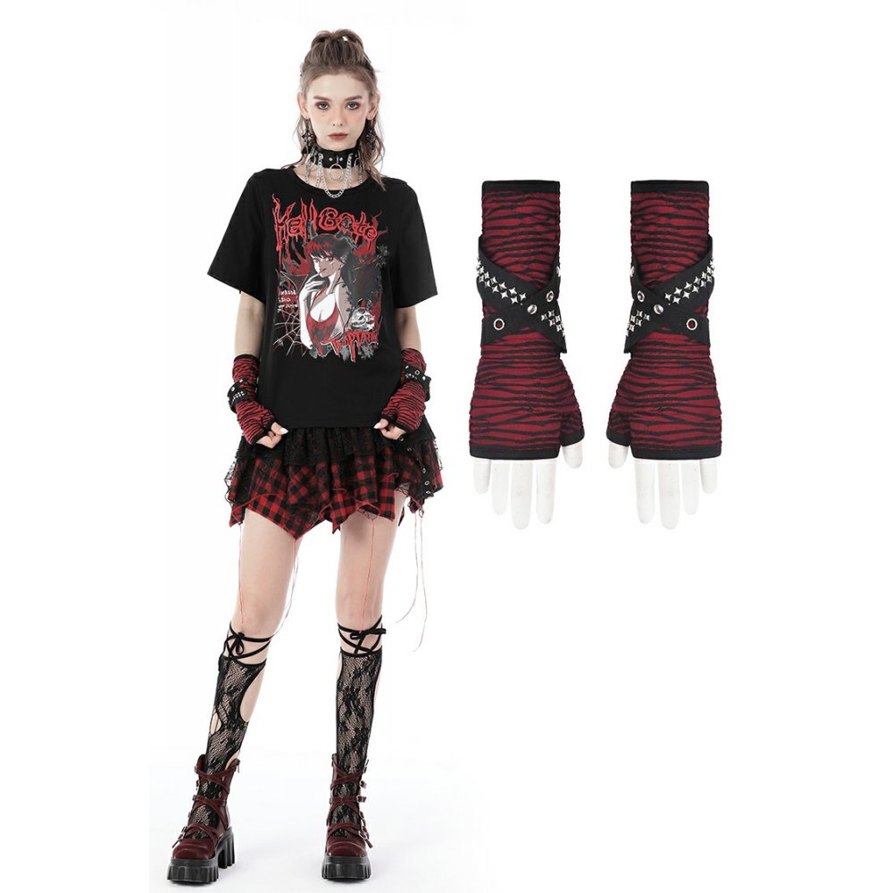 Dark In Love Punk Red and Black Studded Gloves