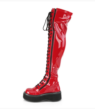 Load image into Gallery viewer, Demonia Emily-375 Thigh Boot in Red Patent
