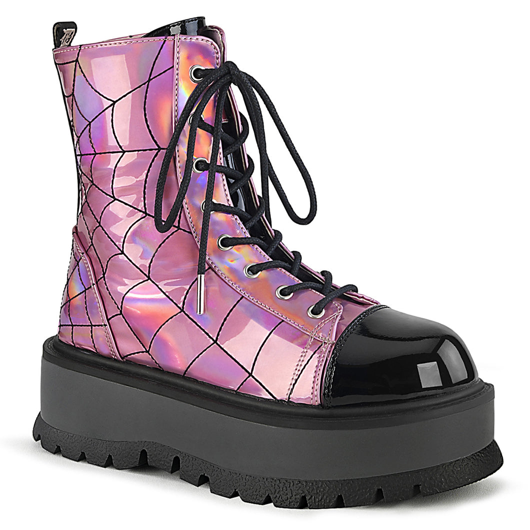 Demonia Slacker-88 Platform Combat Boots in Pink Holographic and Black Patent Vegan Leather