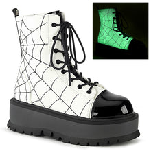 Load image into Gallery viewer, Demonia Slacker-88 Platform Combat Boots in UV Reactive White Vegan Leather and Black Patent
