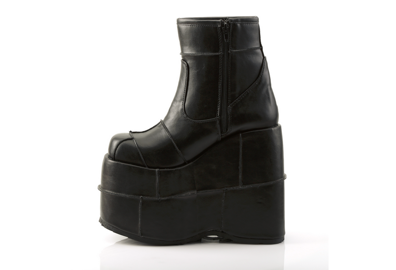 Demonia Stack-201 Patchwork Platform Boots in Black Vegan Leather