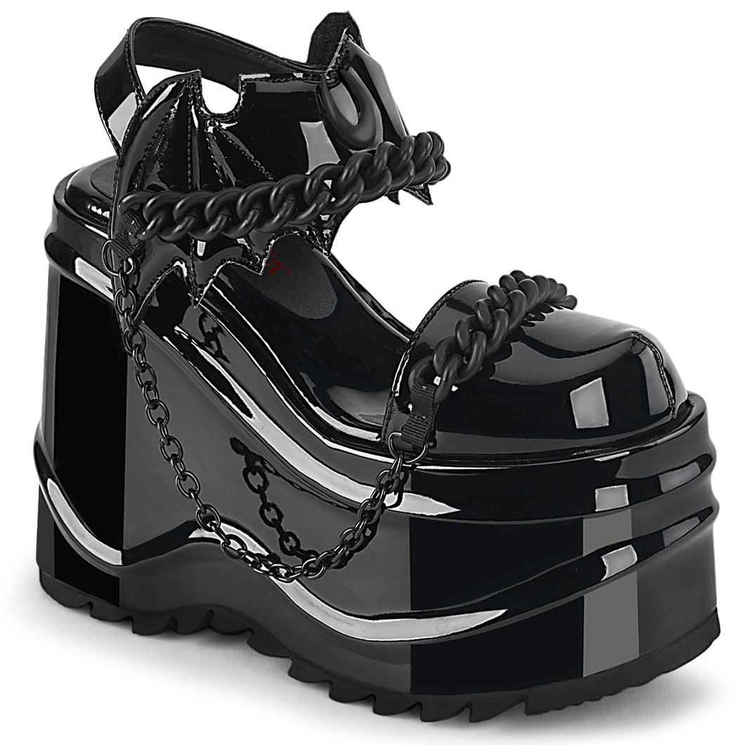 Demonia Wave-20 Platform Sandals in Black Patent