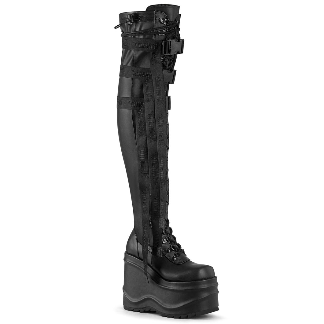 Demonia Wave-315 Platform Thigh Boot in Black Vegan Leather