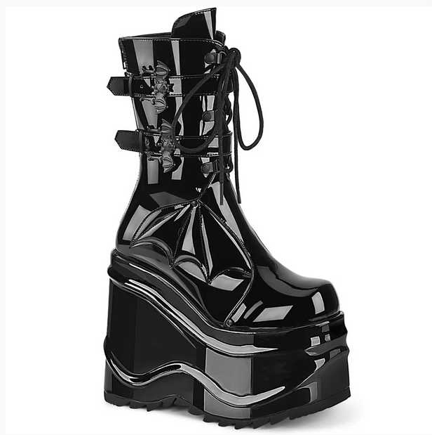 Demonia Wave-150 Bat Buckle Platform Boots Black Patent